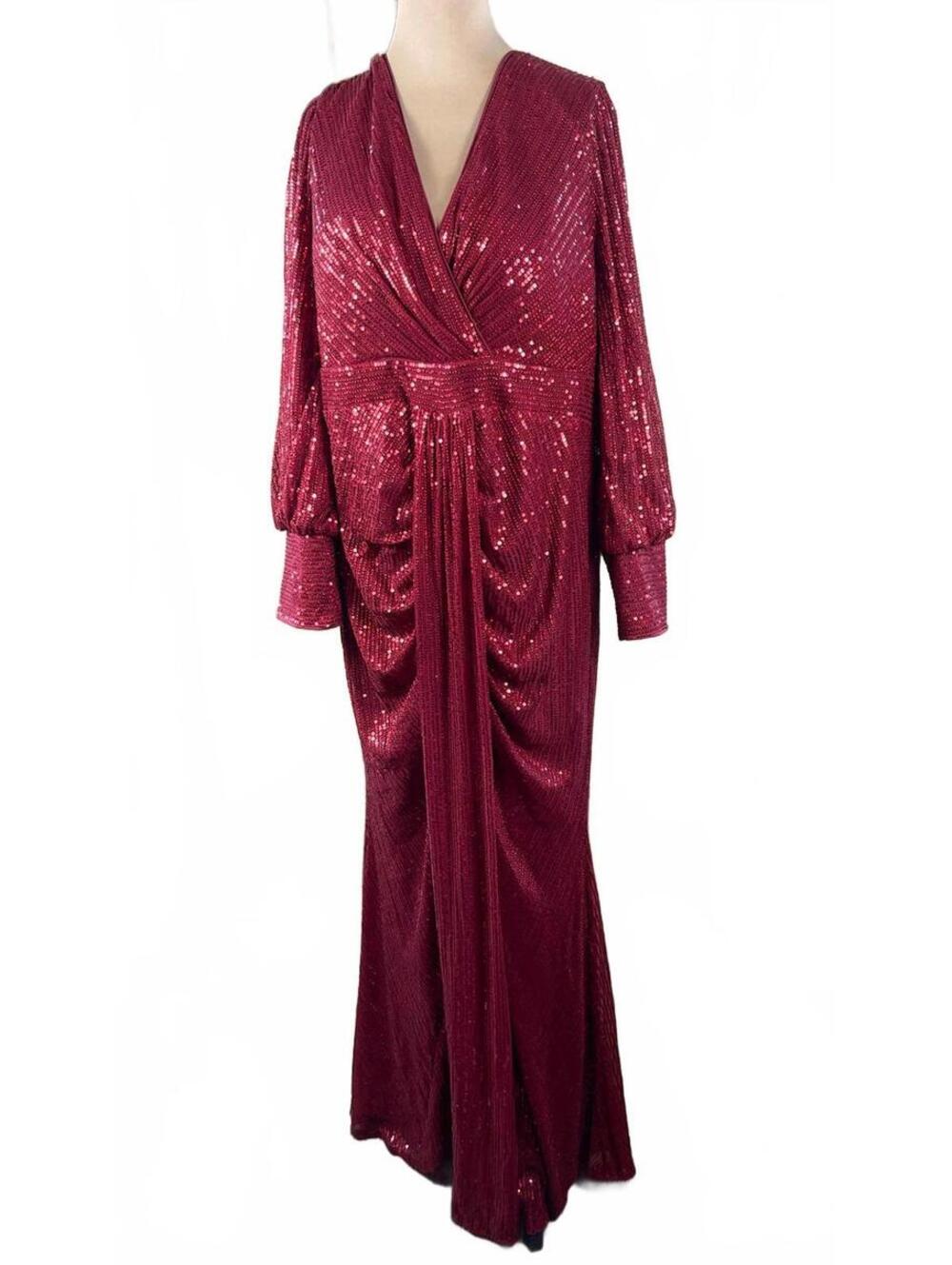 Women's Long Sleeve Burgundy Sequin Evening Dress 2XL